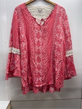 Como Vintage Coral Pink Crochet-Trim Boho Tunic Peasant Top